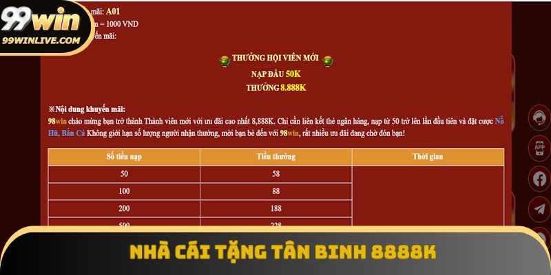 Khuyến mãi 99Win tặng tiền 8888K